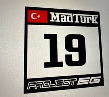Load image into Gallery viewer, Race Numbers - Square or Rectangle - Number | Name | City | Brand | Model | Flag (Pair)